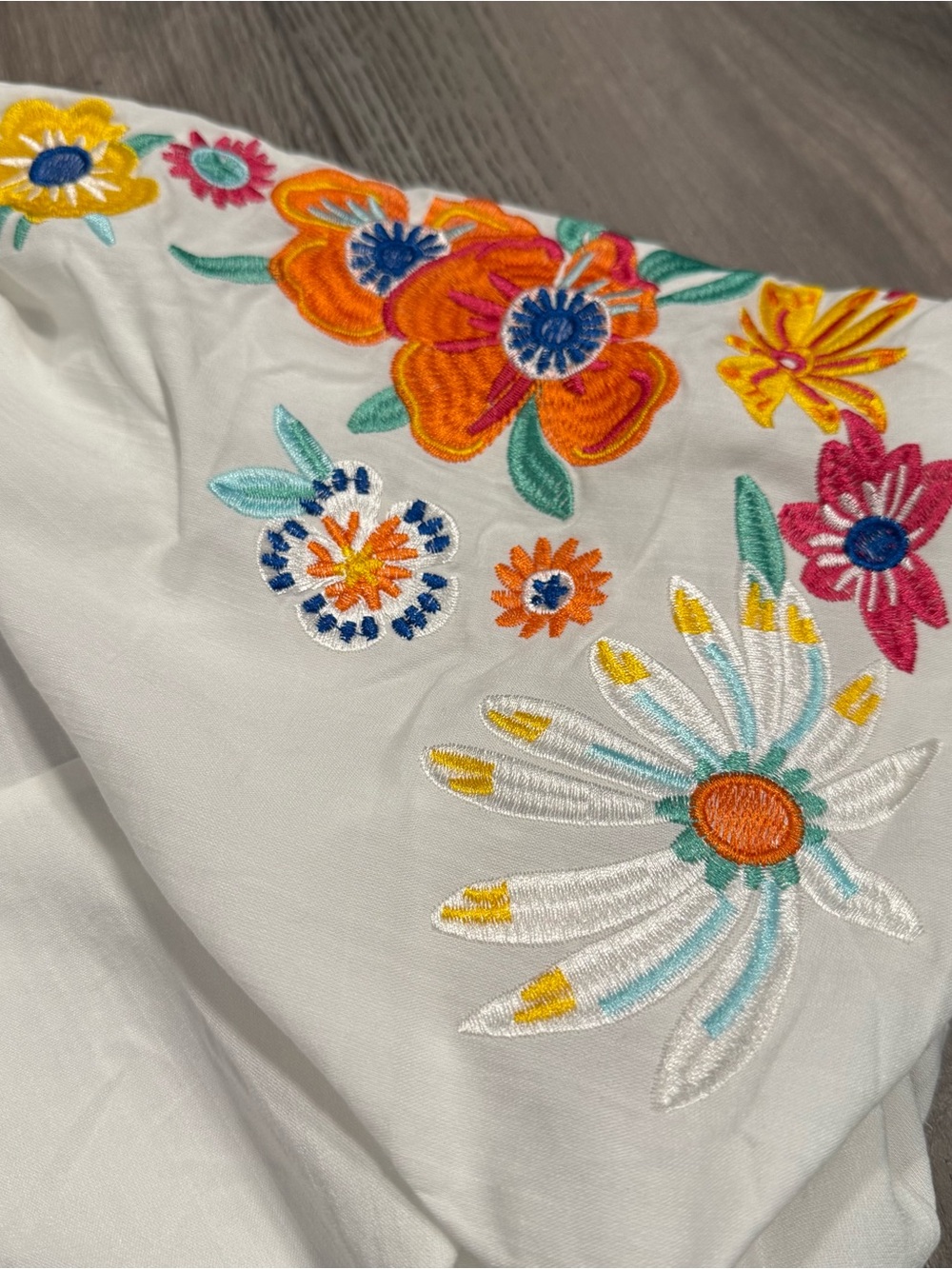 White Embroidered Peasant Blouse with Colorful Floral Sleeves - Picture 2 of 8